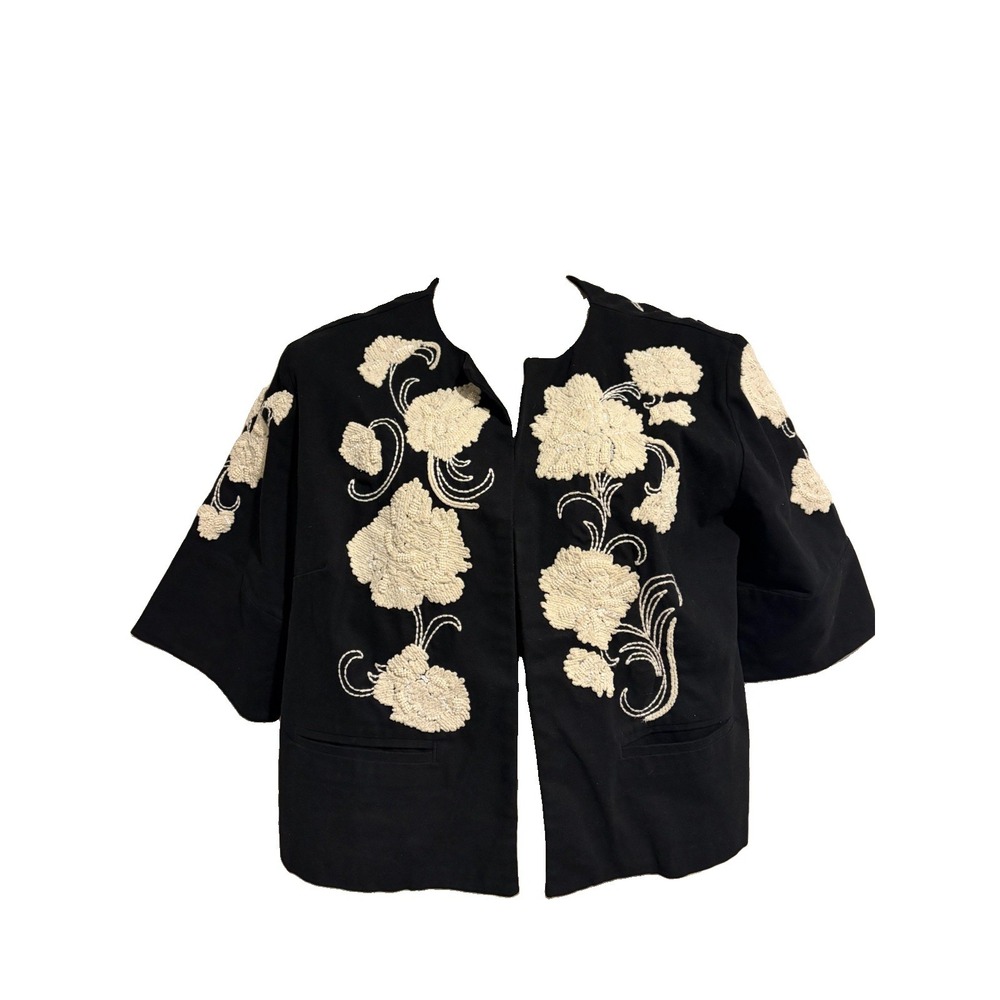 Chicos 2 Black Cotton Appliqué Embroidered Beaded Open Front Jacket Sz L Artsy